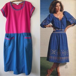 Vintage 80’s cotton short sleeve midi Pink‎ and Blue Colorblock Dress size S